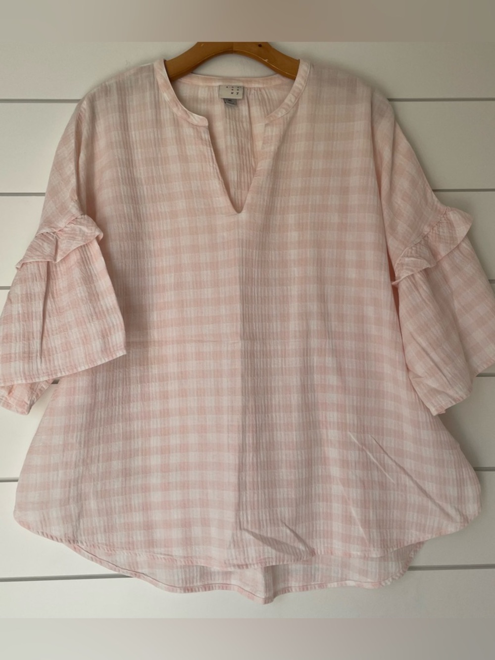 a new day Pink Gingham Split V-Neck Ruffle Sleeve Tunic